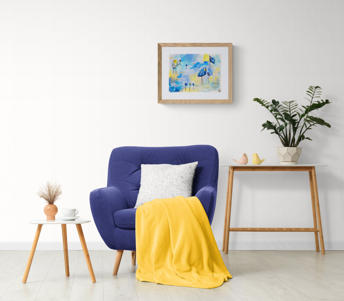 gumdrop guild, yellow and blue birds mixed media painting on paper, 11x15, Bella Joie Fine Art, light room mock up