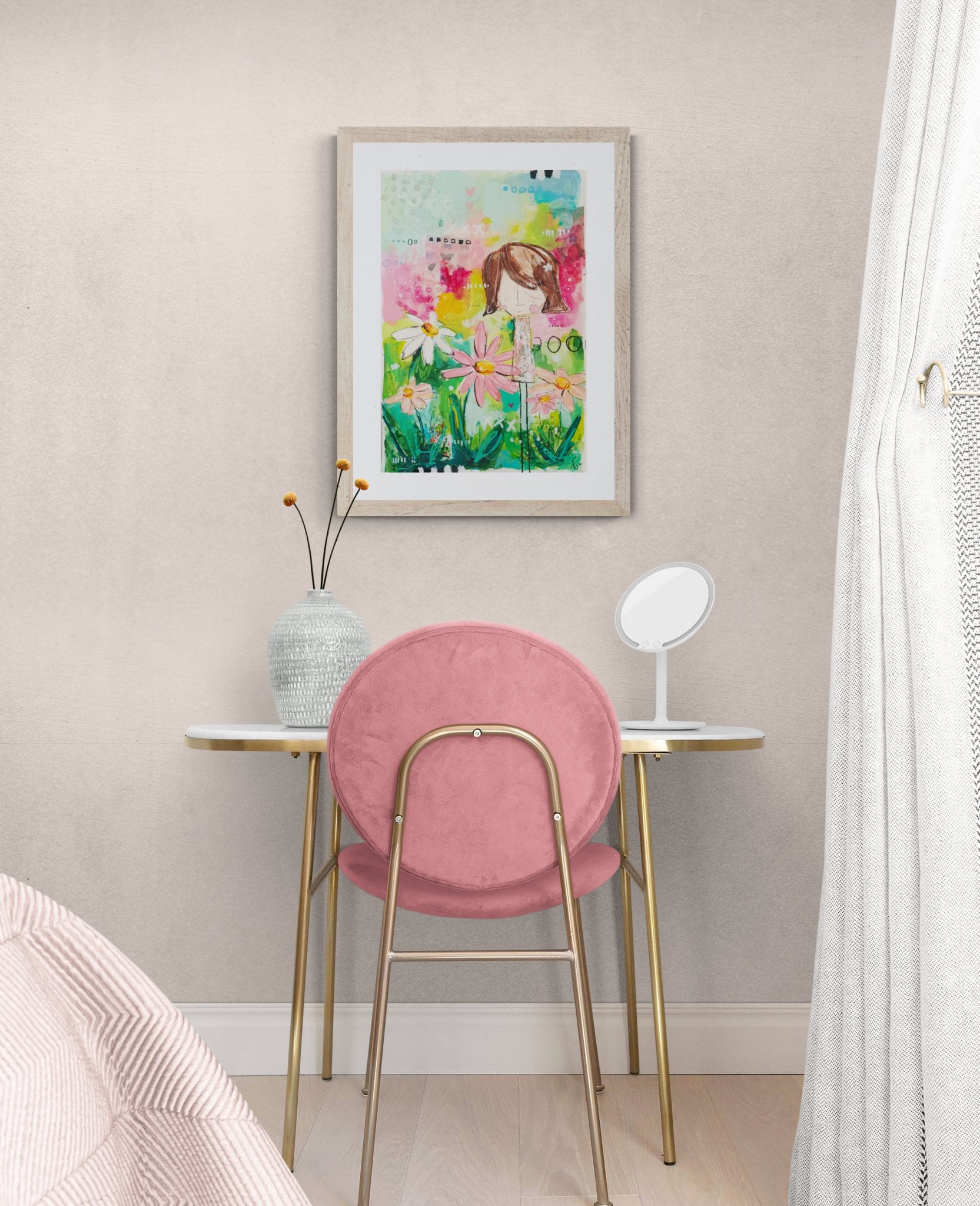 Harriet, mixed media abstract figurative original painting, mock up in a bright white room, Bella Joie Art