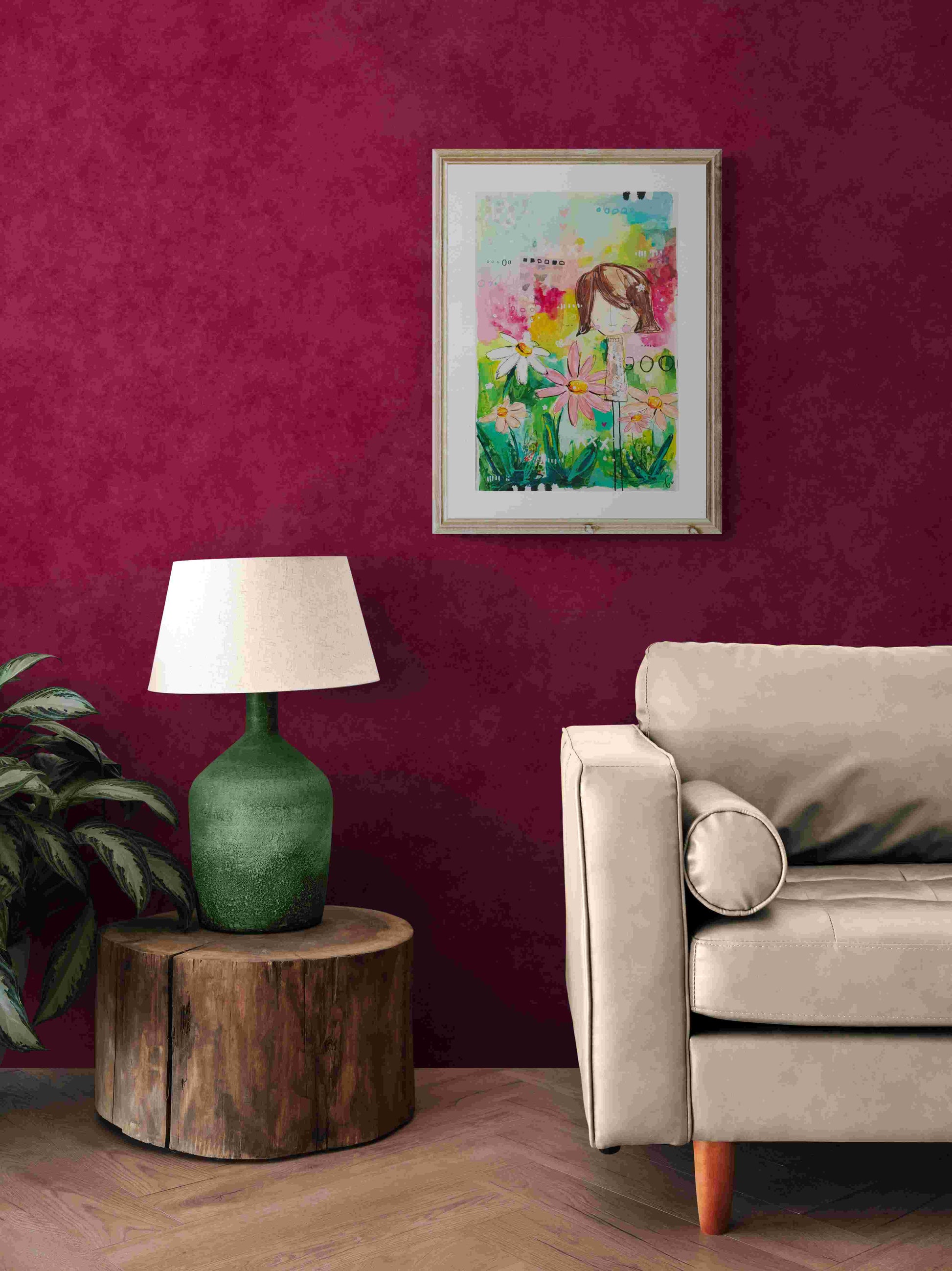 Harriet, mixed media abstract figurative original painting, mock up in dark themed room, Bella Joie Art