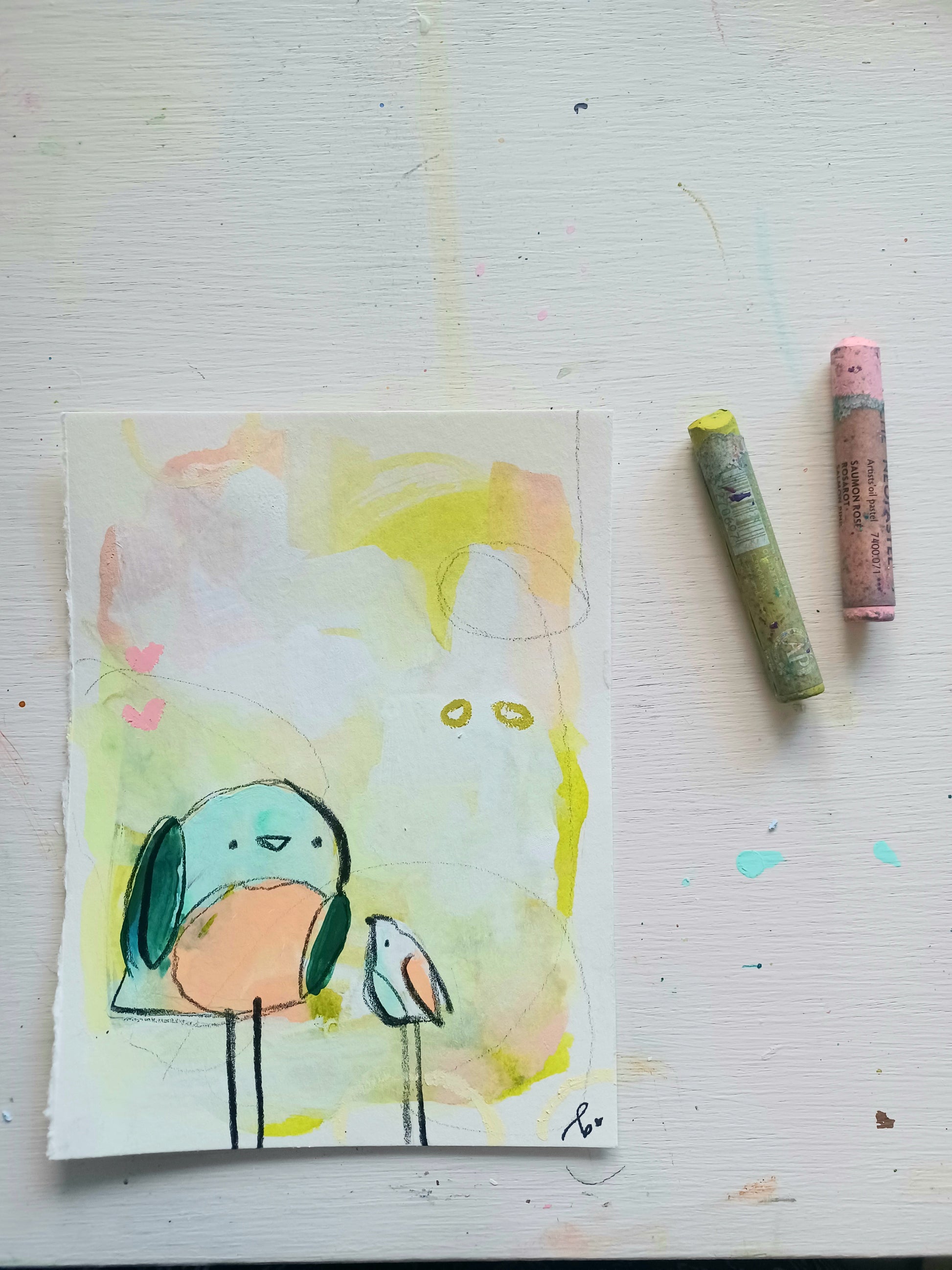 a pair of peachy birds, mixed media original sketch, Bella Joie Art, free shipping