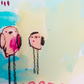 lollipop league, pink and aqua birds mixed media original painting on paper, 11x15, Bella Joie Fine Art , close up details