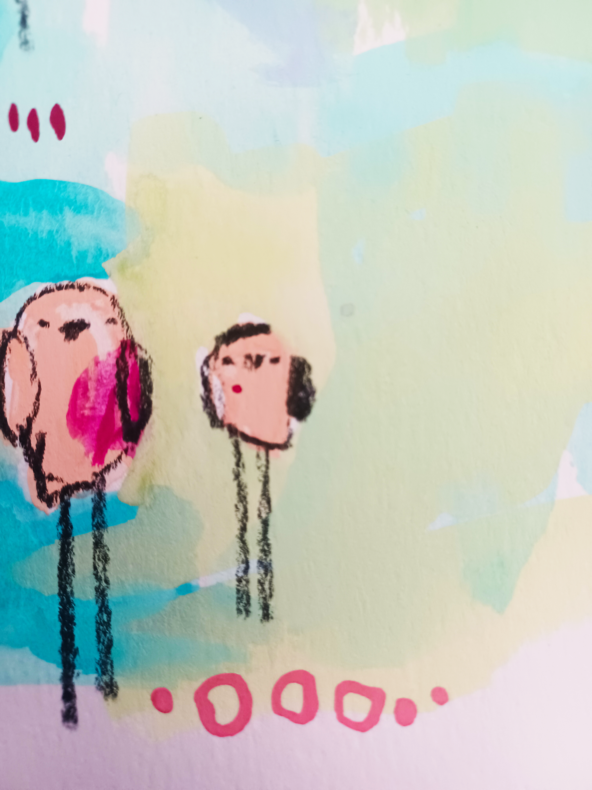 lollipop league, pink and aqua birds mixed media original painting on paper, 11x15, Bella Joie Fine Art , close up details
