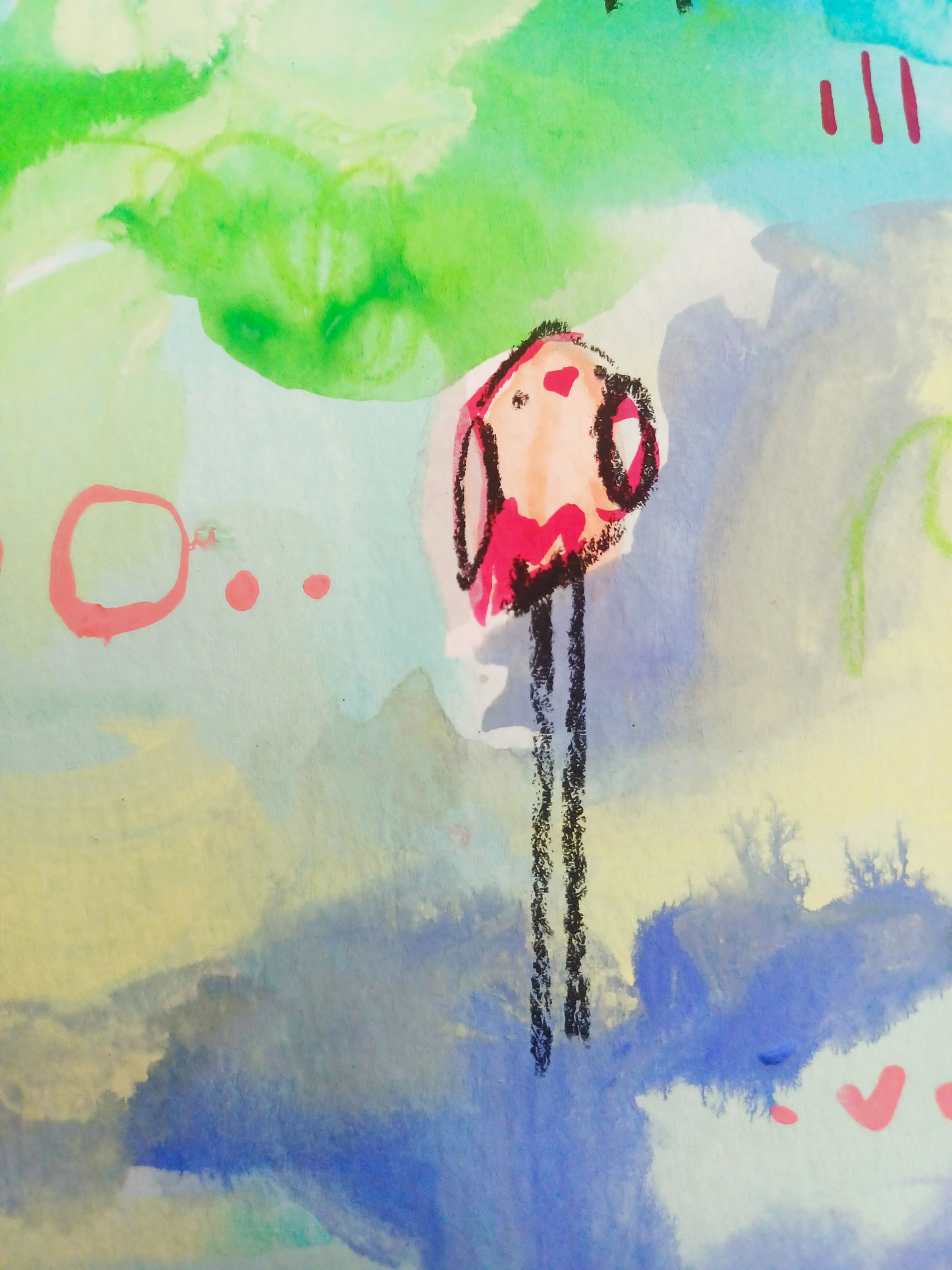 lollipop league, pink and aqua birds mixed media original painting on paper, 11x15, Bella Joie Fine Art , close up details