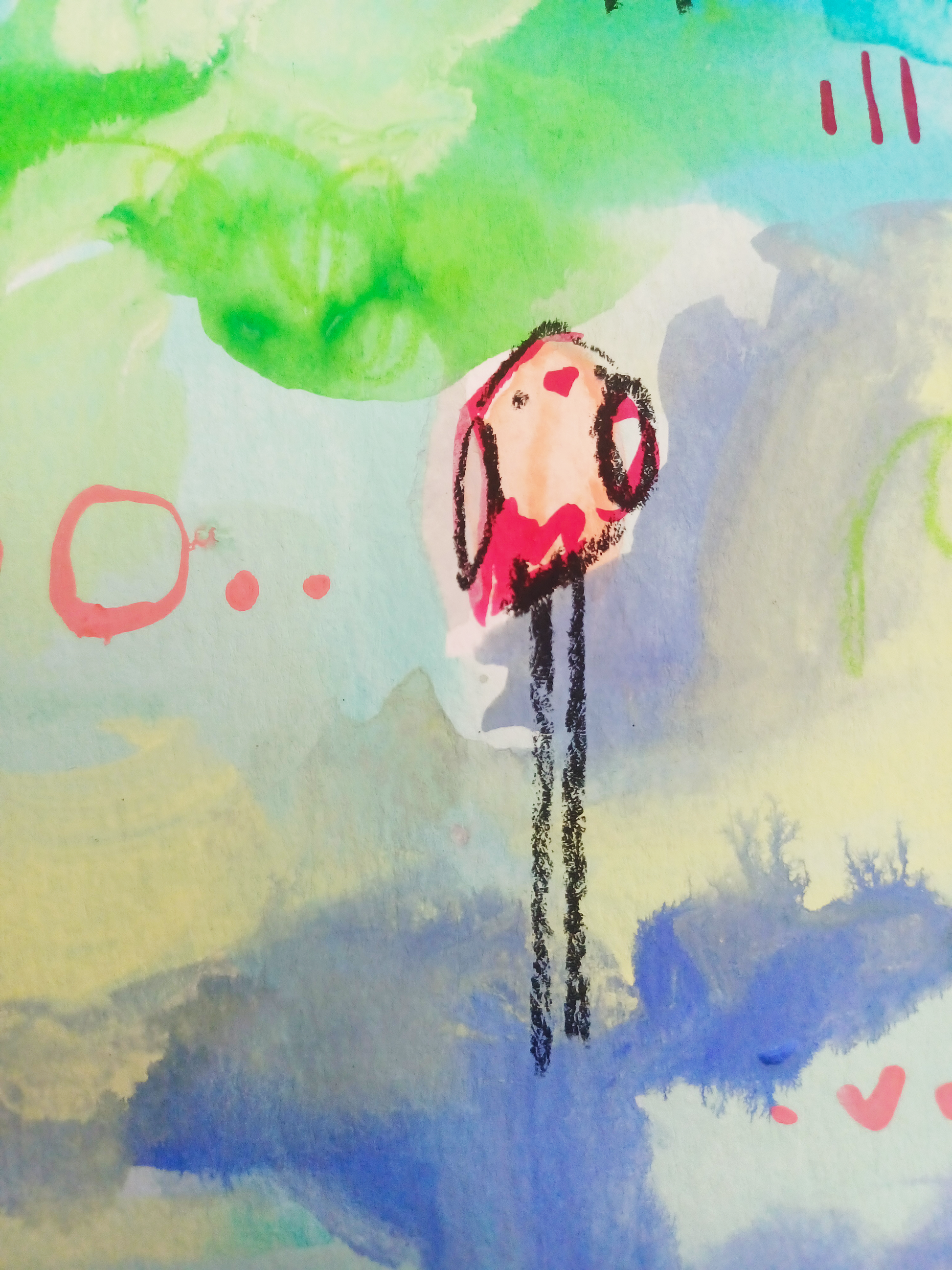 lollipop league, pink and aqua birds mixed media original painting on paper, 11x15, Bella Joie Fine Art , close up details