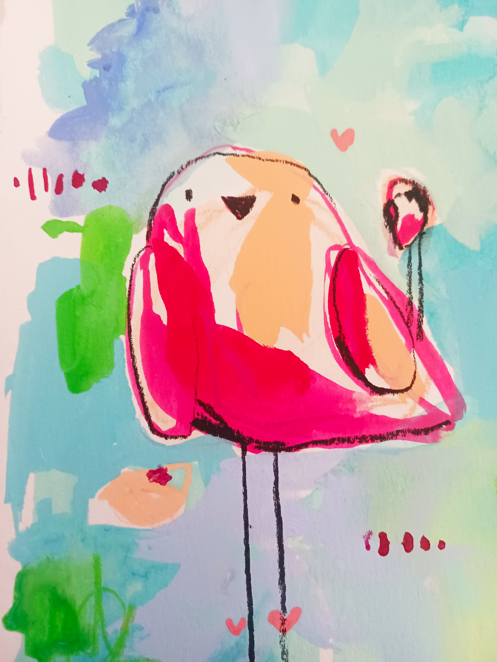 lollipop league, pink and aqua birds mixed media original painting on paper, 11x15, Bella Joie Fine Art , close up details