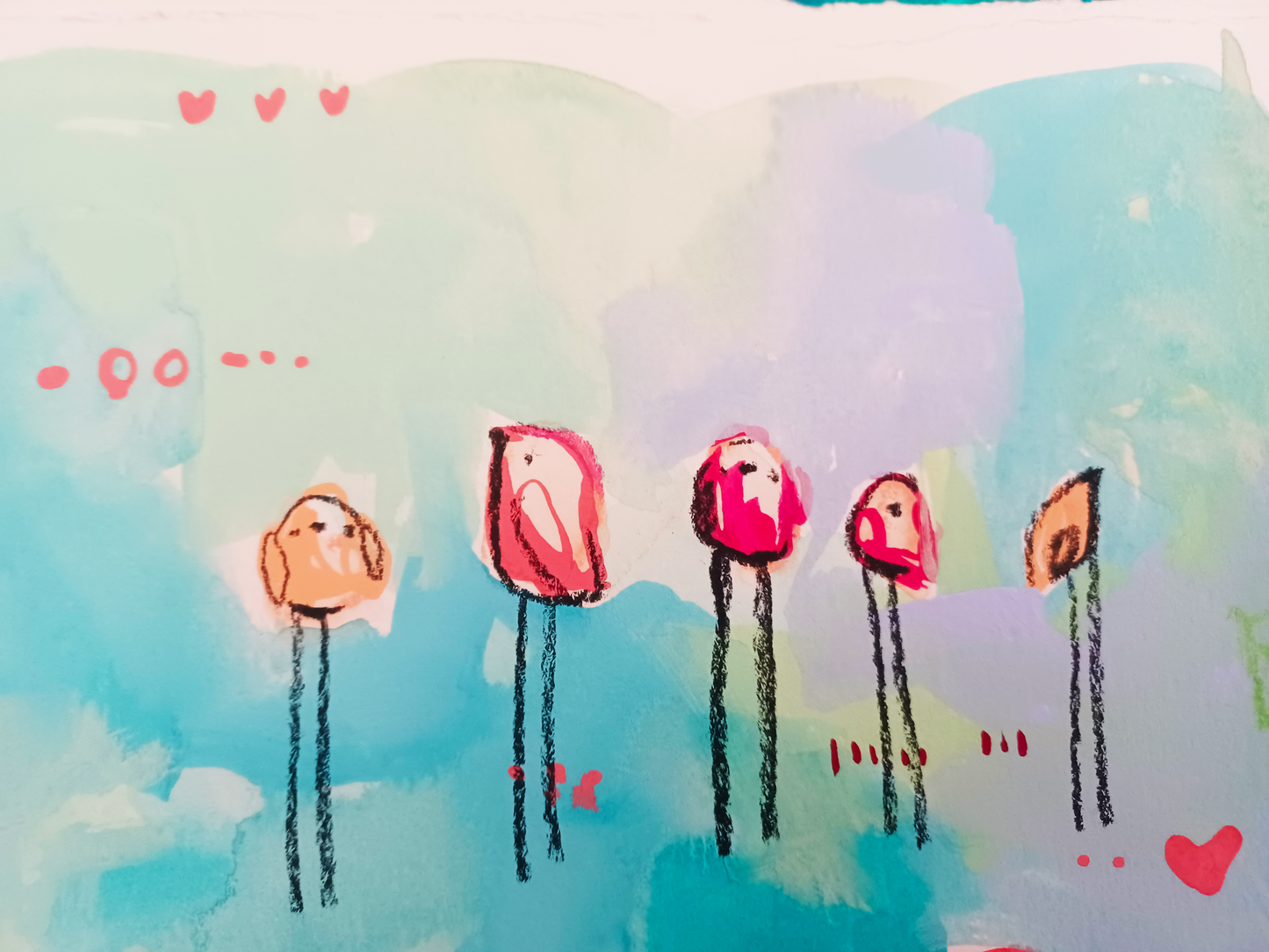 lollipop league, pink and aqua birds mixed media original painting on paper, 11x15, Bella Joie Fine Art , close up details