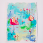 lollipop league, pink and aqua birds mixed media original painting on paper, 11x15, Bella Joie Fine Art , free shipping