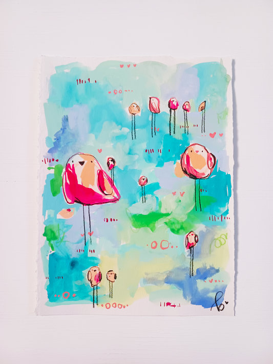 lollipop league, pink and aqua birds mixed media original painting on paper, 11x15, Bella Joie Fine Art , free shipping