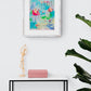 lollipop league, pink and aqua birds mixed media original painting on paper, 11x15, Bella Joie Fine Art , light room mock up