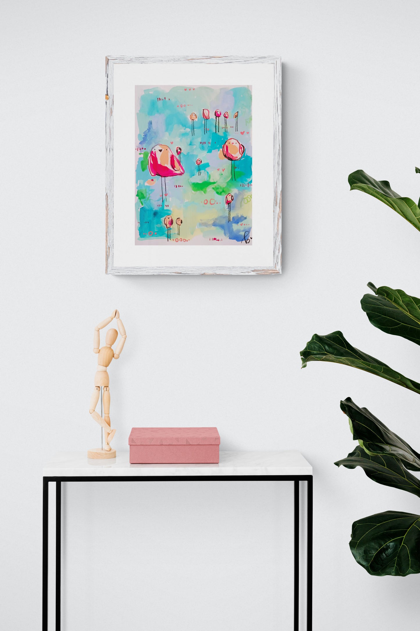 lollipop league, pink and aqua birds mixed media original painting on paper, 11x15, Bella Joie Fine Art , light room mock up