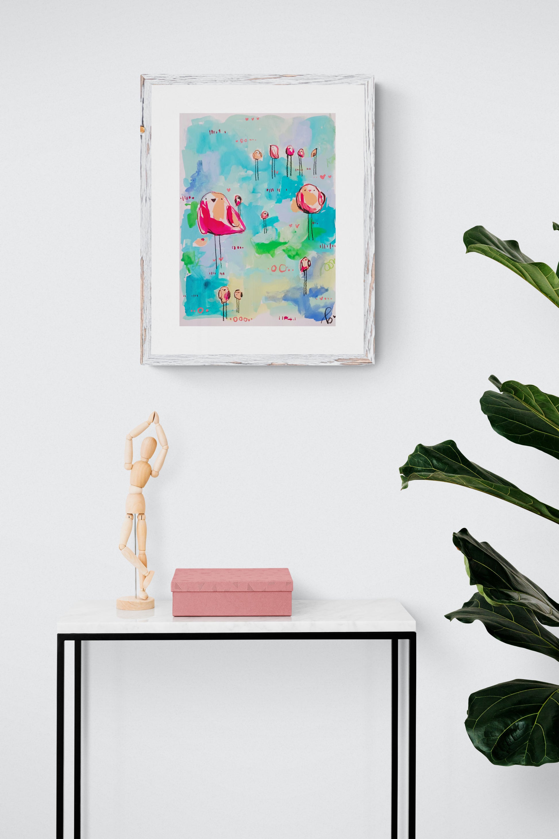 lollipop league, pink and aqua birds mixed media original painting on paper, 11x15, Bella Joie Fine Art , light room mock up