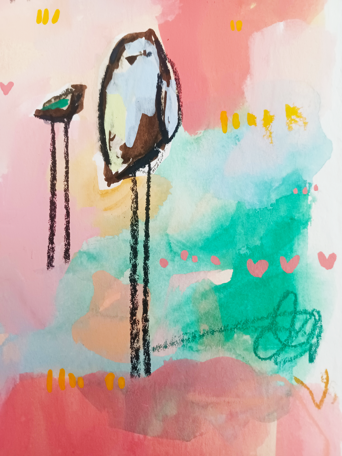 peach cobbler club, colorful birds mixed media original painting on paper 11x15, Bella Joie Fine Art, close up details