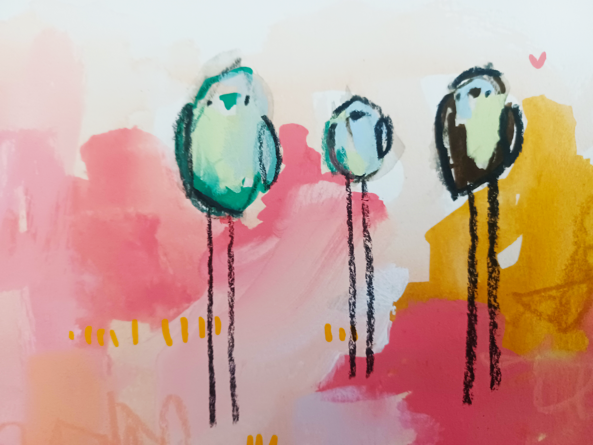 peach cobbler club, colorful birds mixed media original painting on paper 11x15, Bella Joie Fine Art, close up details
