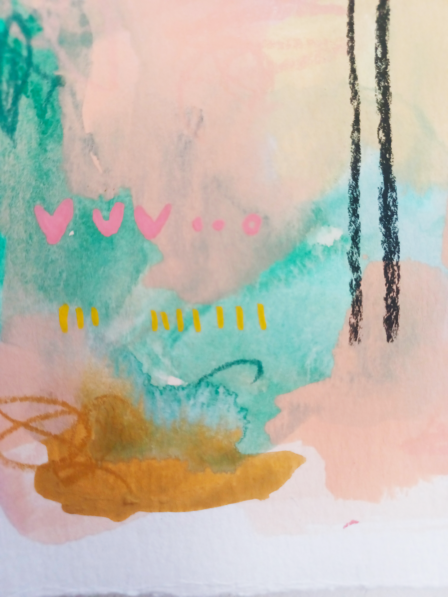 peach cobbler club, colorful birds mixed media original painting on paper 11x15, Bella Joie Fine Art, close up details