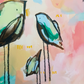 peach cobbler club, colorful birds mixed media original painting on paper 11x15, Bella Joie Fine Art, close up details