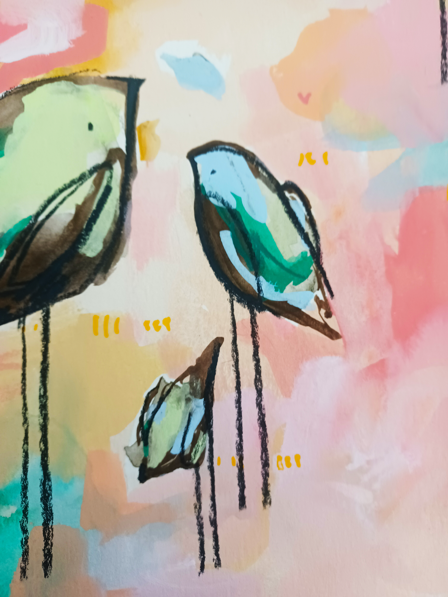 peach cobbler club, colorful birds mixed media original painting on paper 11x15, Bella Joie Fine Art, close up details