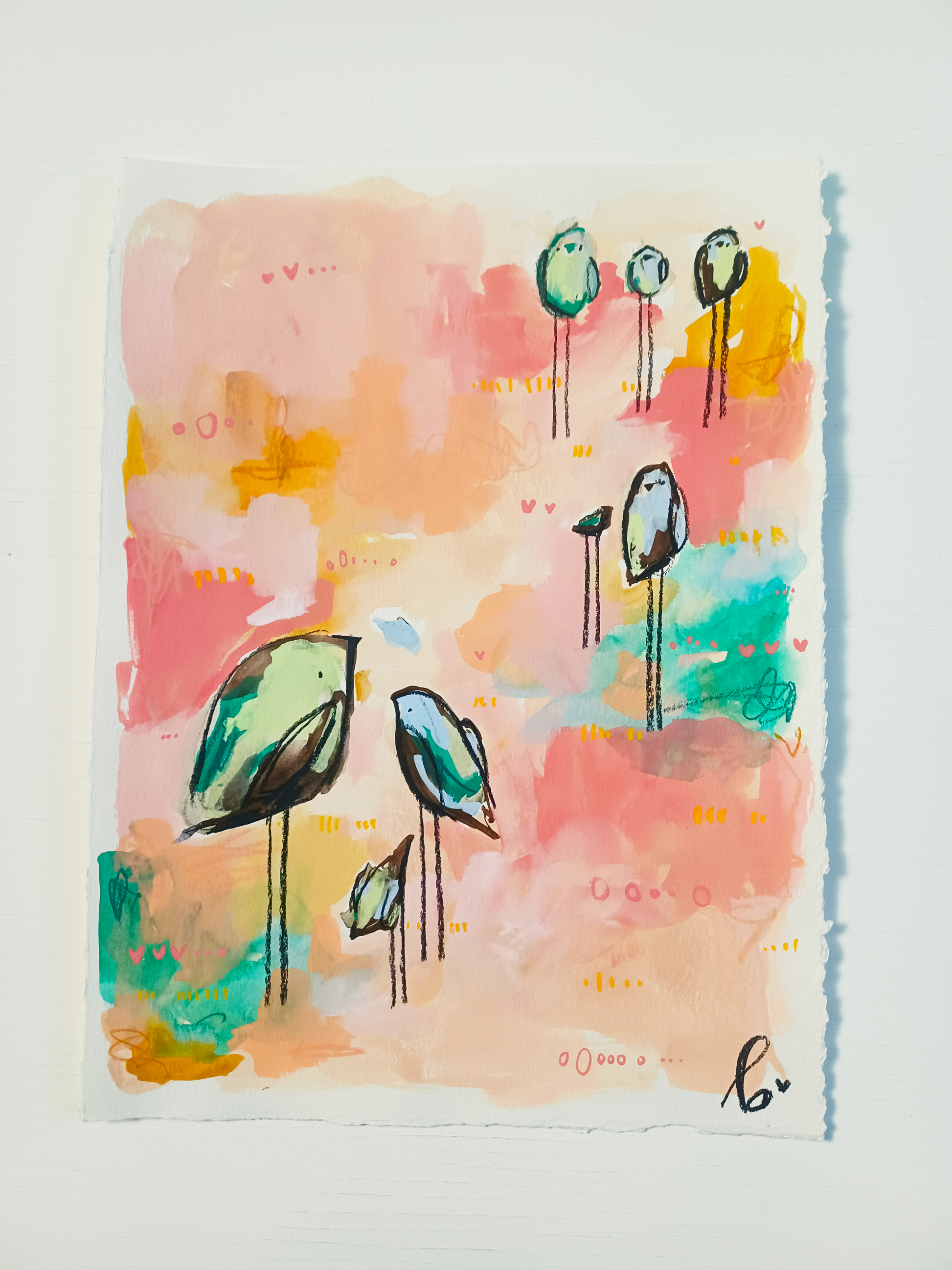 peach cobbler club, colorful birds mixed media original painting on paper 11x15, Bella Joie Fine Art, free shipping