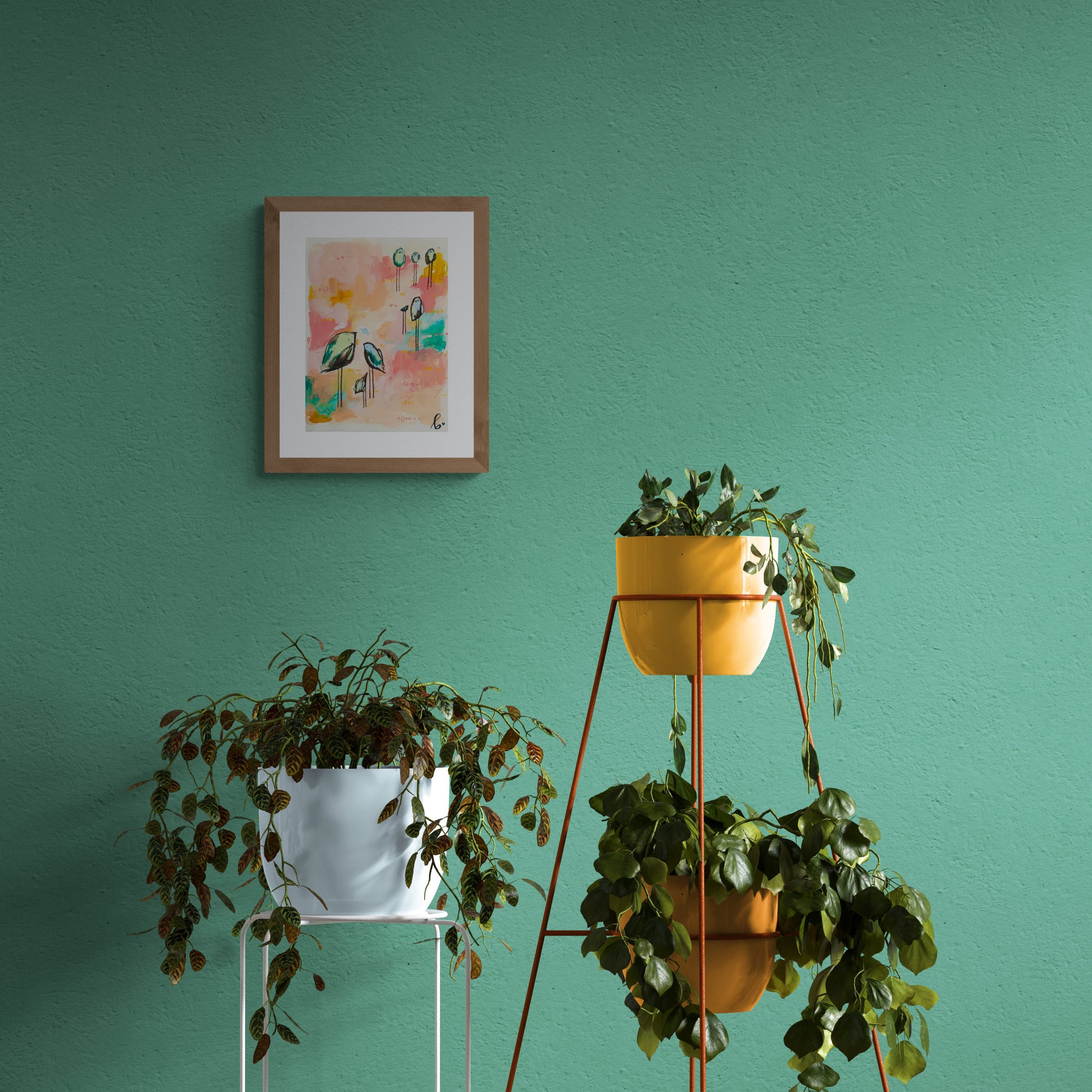 peach cobbler club, colorful birds mixed media original painting on paper 11x15, Bella Joie Fine Art, dark room mock up