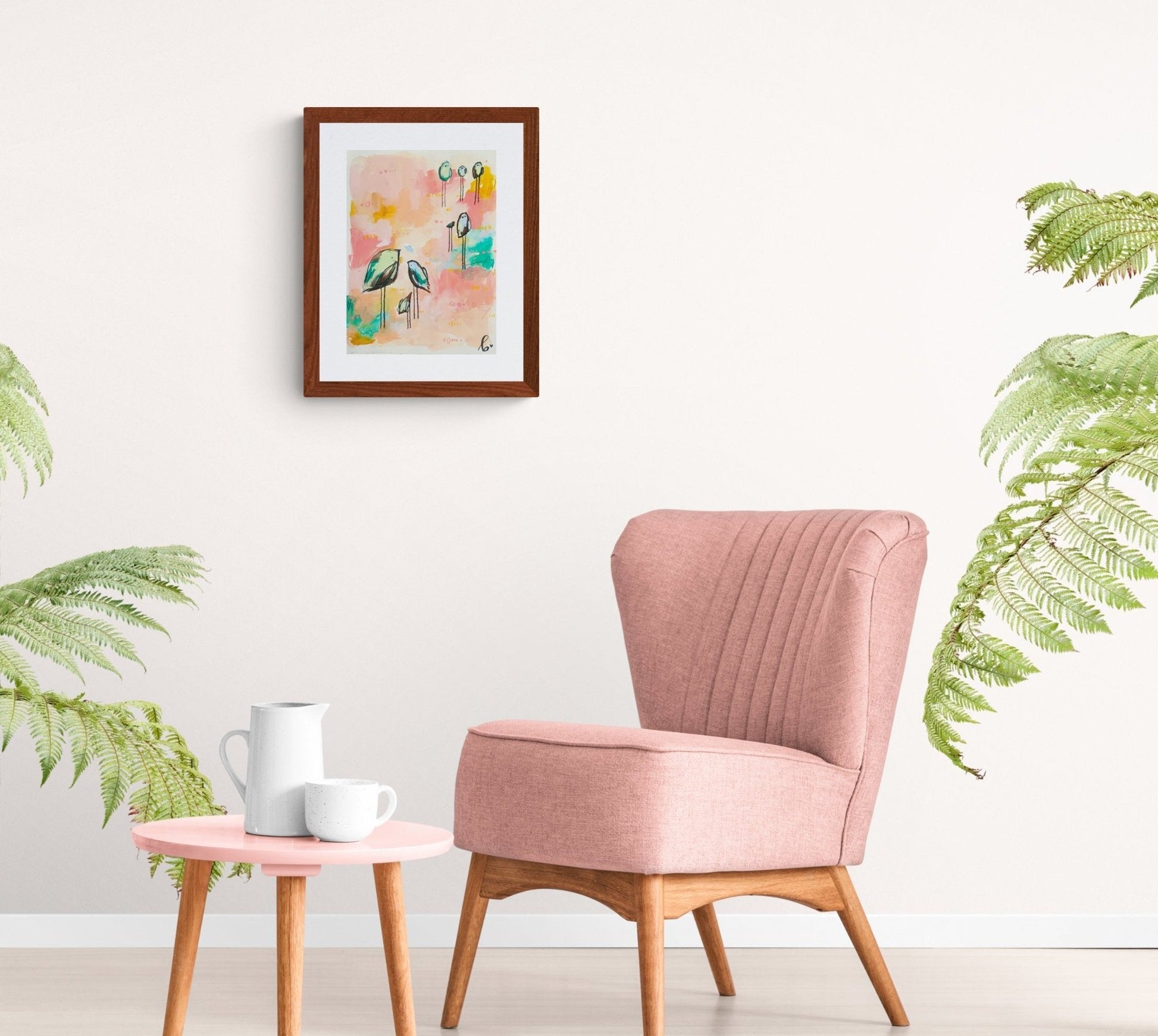 peach cobbler club, colorful birds mixed media original painting on paper 11x15, Bella Joie Fine Art, light room mock up