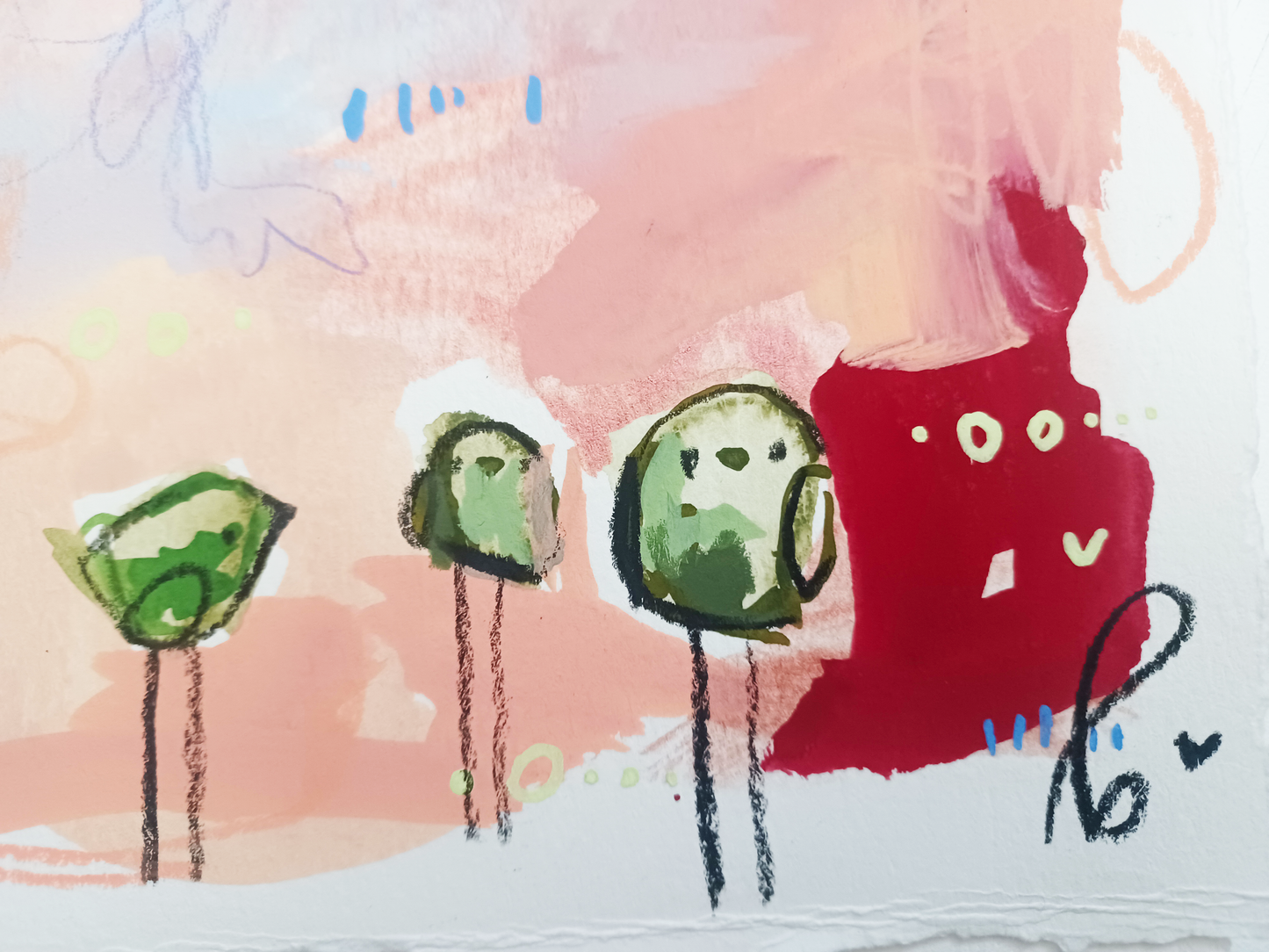 pistachio posse, green and peach birds mixed media original painting, 11x15 Bella Joie Fine Art, close up details