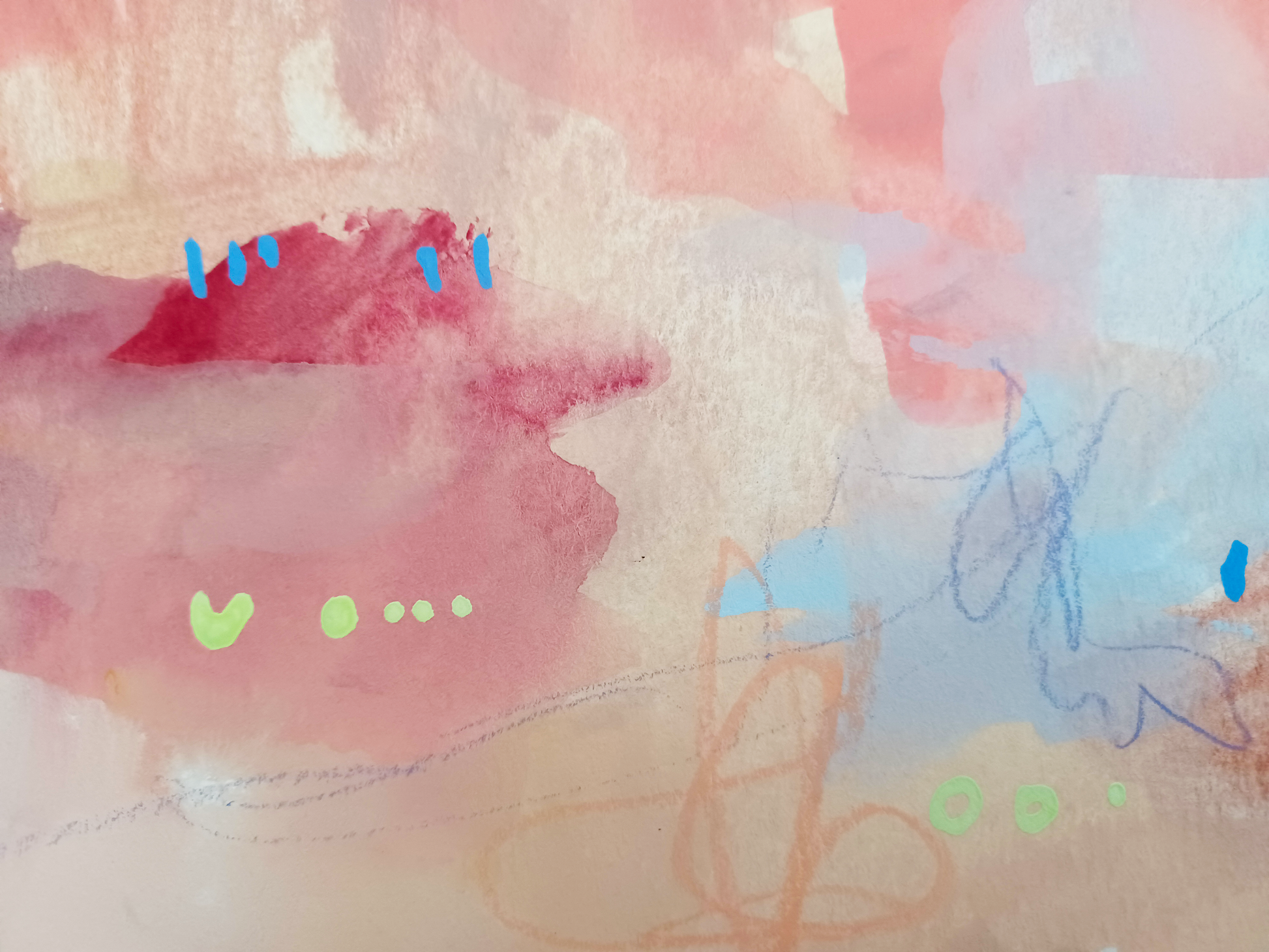 pistachio posse, green and peach birds mixed media original painting, 11x15 Bella Joie Fine Art, close up details