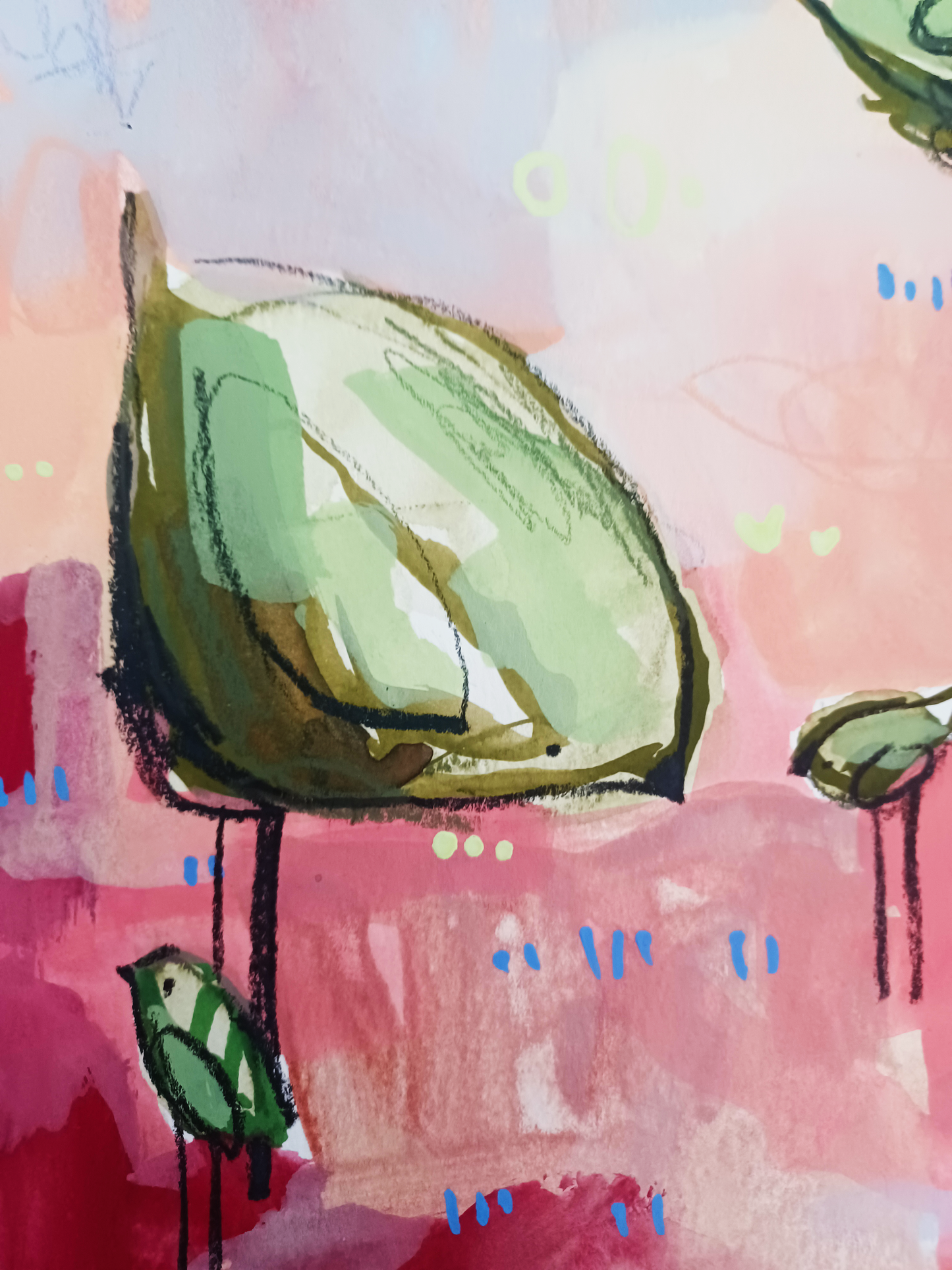 pistachio posse, green and peach birds mixed media original painting, 11x15 Bella Joie Fine Art, close up details