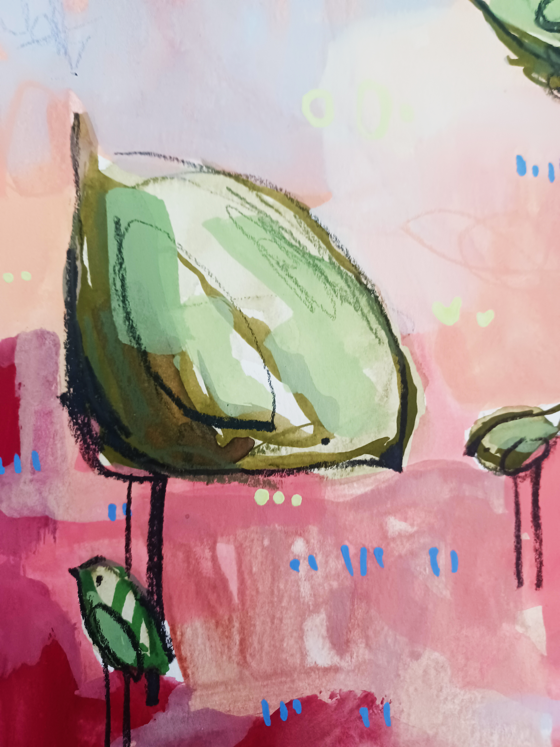 pistachio posse, green and peach birds mixed media original painting, 11x15 Bella Joie Fine Art, close up details