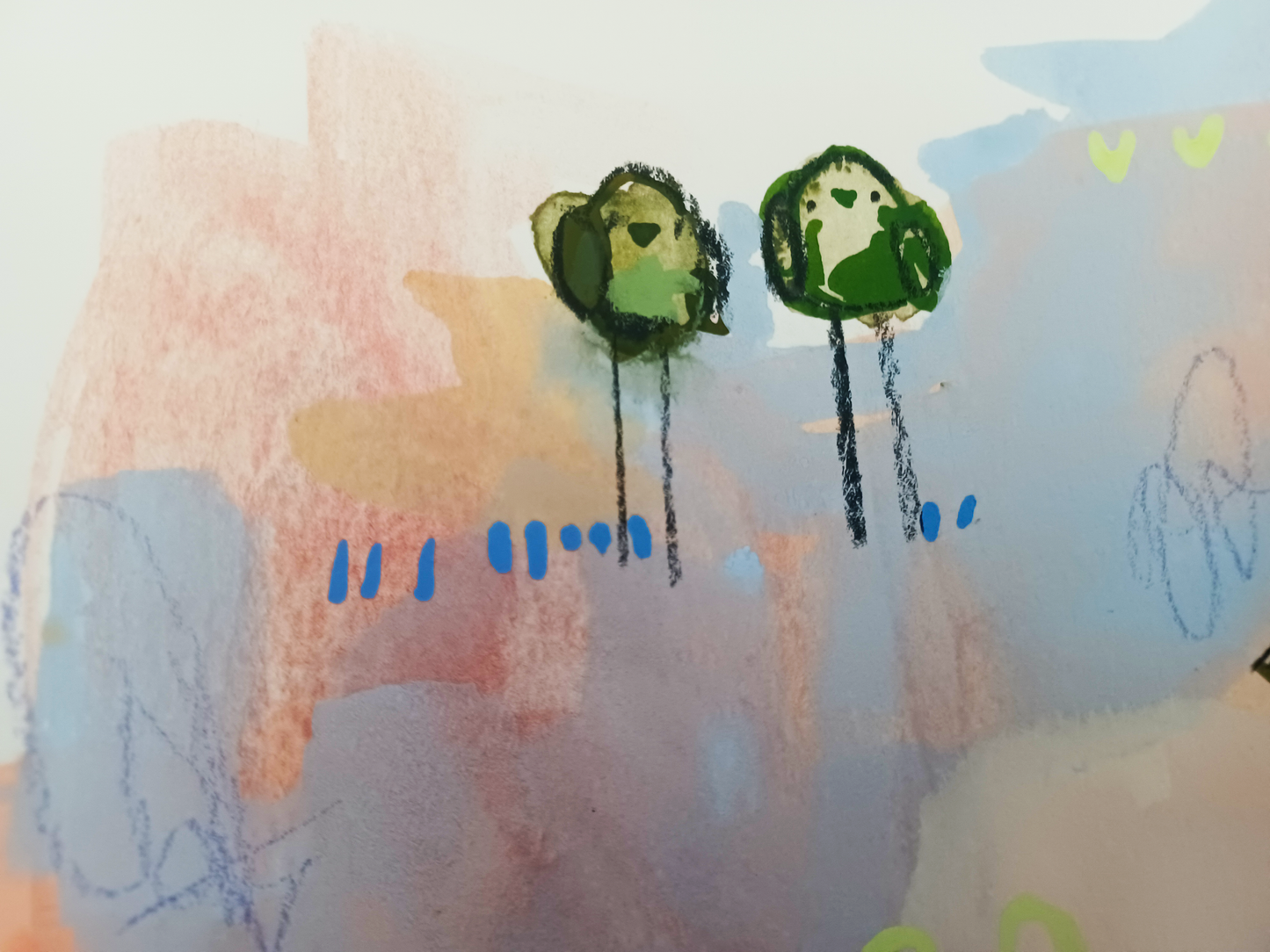 
pistachio posse, green and peach birds mixed media original painting, 11x15 Bella Joie Fine Art, close up details