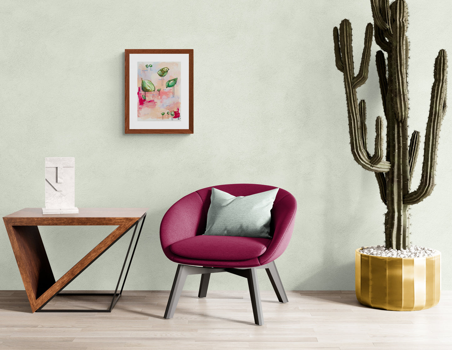 pistachio posse, green and peach birds mixed media original painting, 11x15 Bella Joie Fine Art, light room mock up