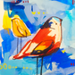 popsicle party, scarlet and blue birds, mixed media original painting on paper, details close up, Bella Joie Fine Art, free shipping