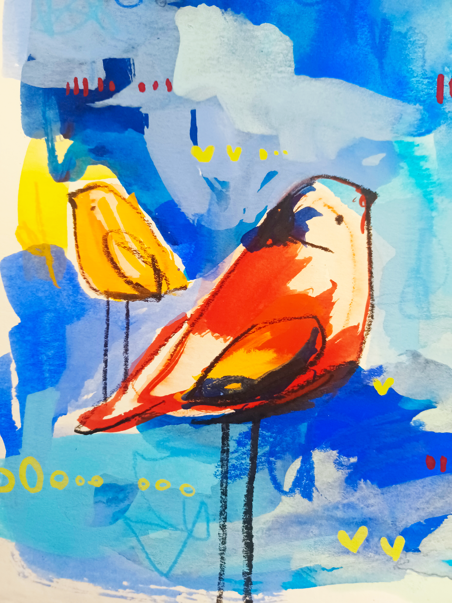 popsicle party, scarlet and blue birds, mixed media original painting on paper, details close up, Bella Joie Fine Art, free shipping