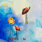 popsicle party, scarlet and blue birds, mixed media original painting on paper, 11x15, details close up, Bella Joie Fine Art, free shipping