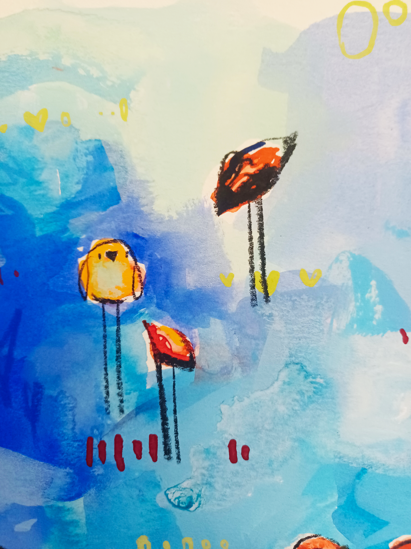 popsicle party, scarlet and blue birds, mixed media original painting on paper, 11x15, details close up, Bella Joie Fine Art, free shipping