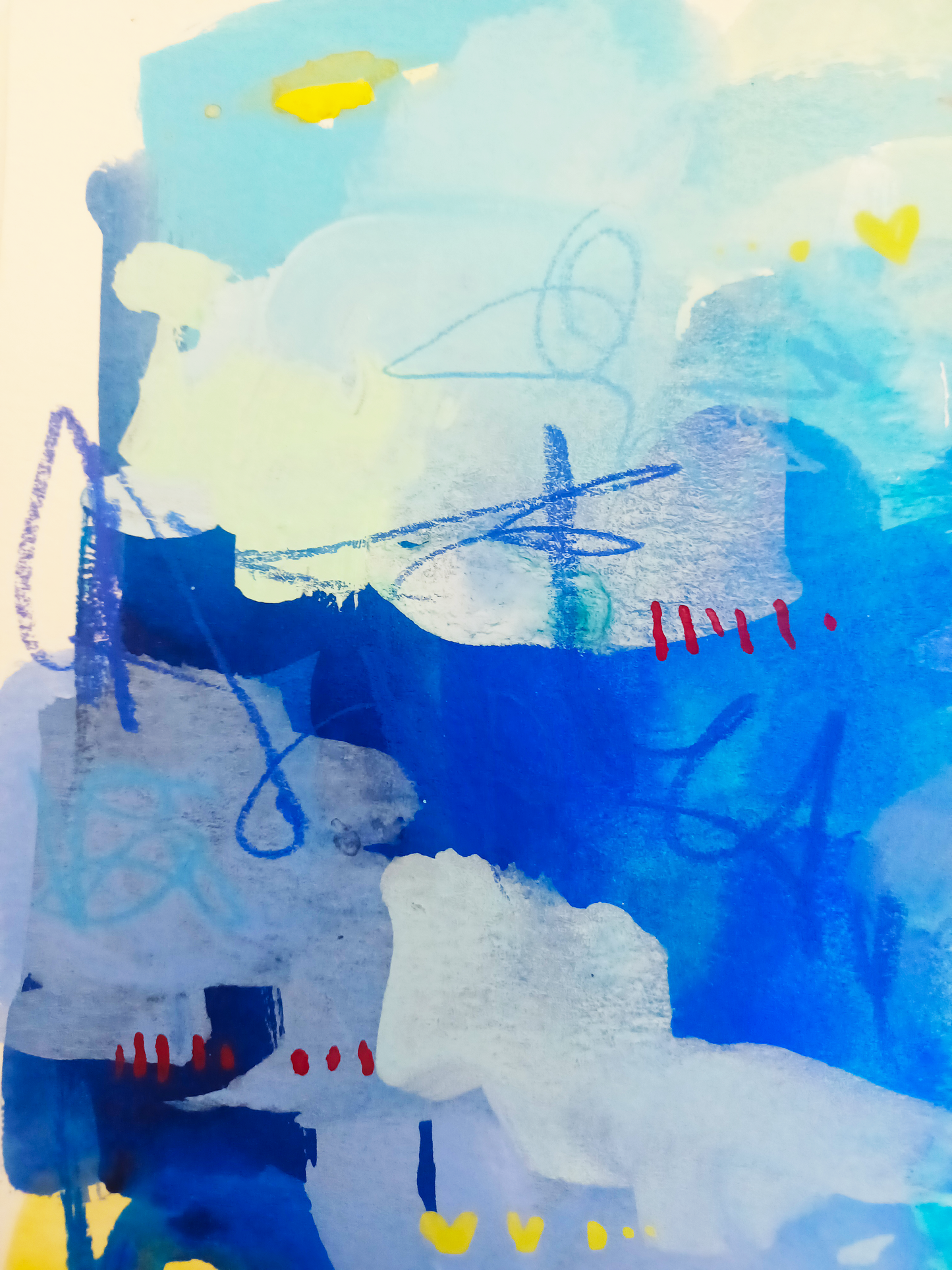 popsicle party, scarlet and blue birds, mixed media original painting on paper, 11x15, details close up, Bella Joie Fine Art, free shipping