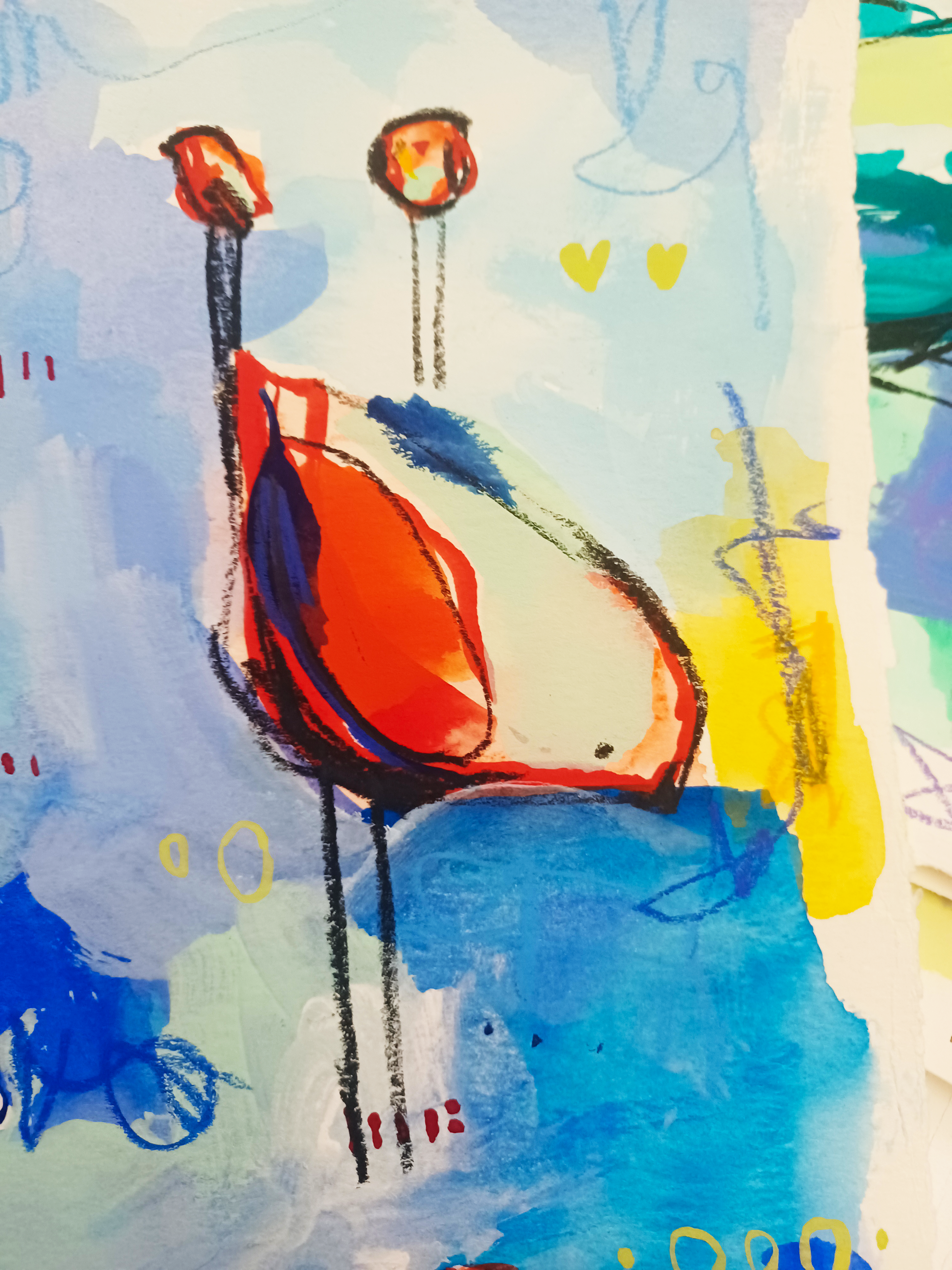 popsicle party, scarlet and blue birds, mixed media original painting on paper, 11x15, details close up, Bella Joie Fine Art, free shipping