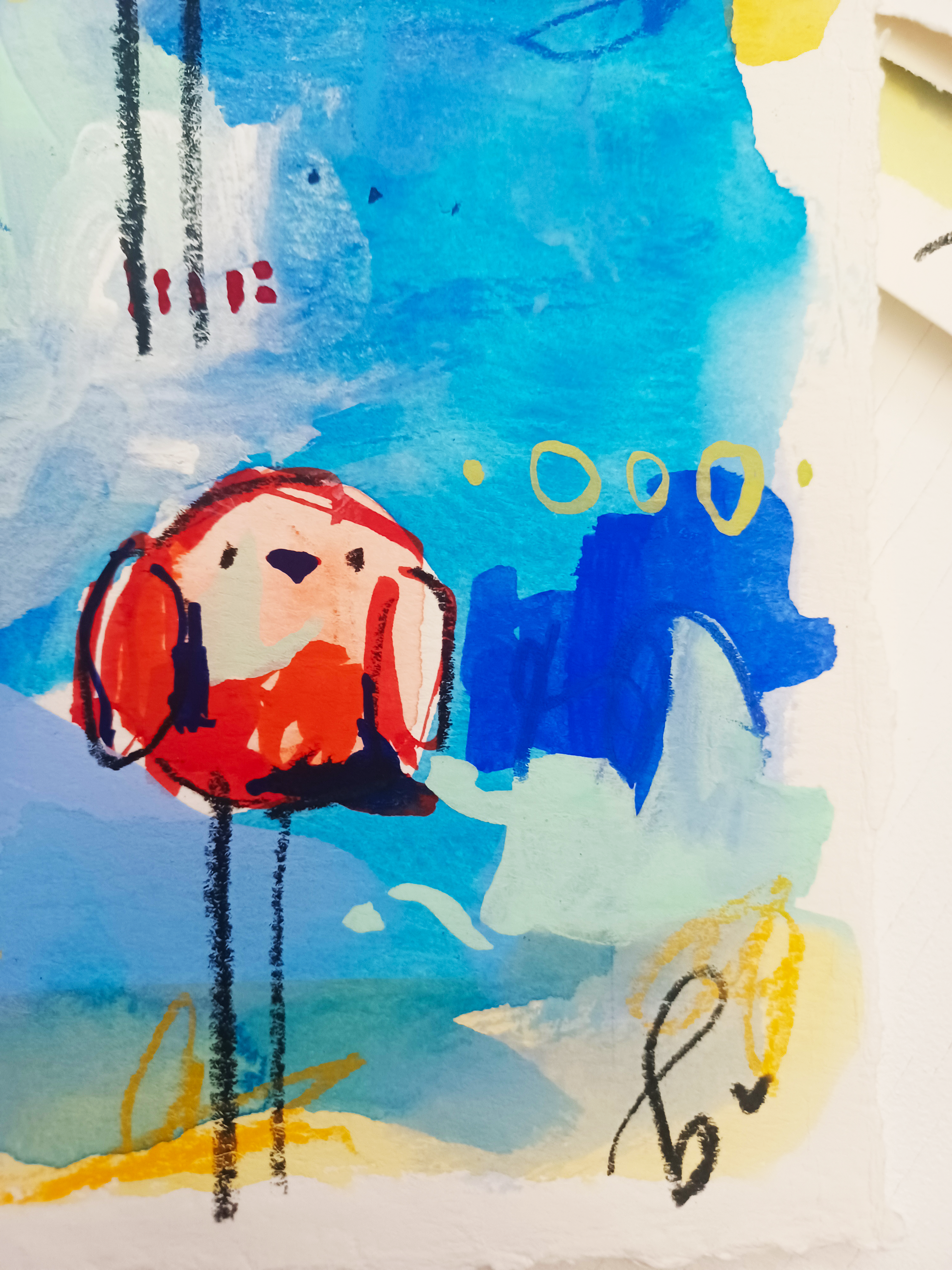 popsicle party, scarlet and blue birds, mixed media original painting on paper, 11x15, details close up, Bella Joie Fine Art, free shipping