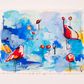 popsicle party, scarlet and blue birds, mixed media original painting on paper, 11x15, Bella Joie Fine Art, free shipping