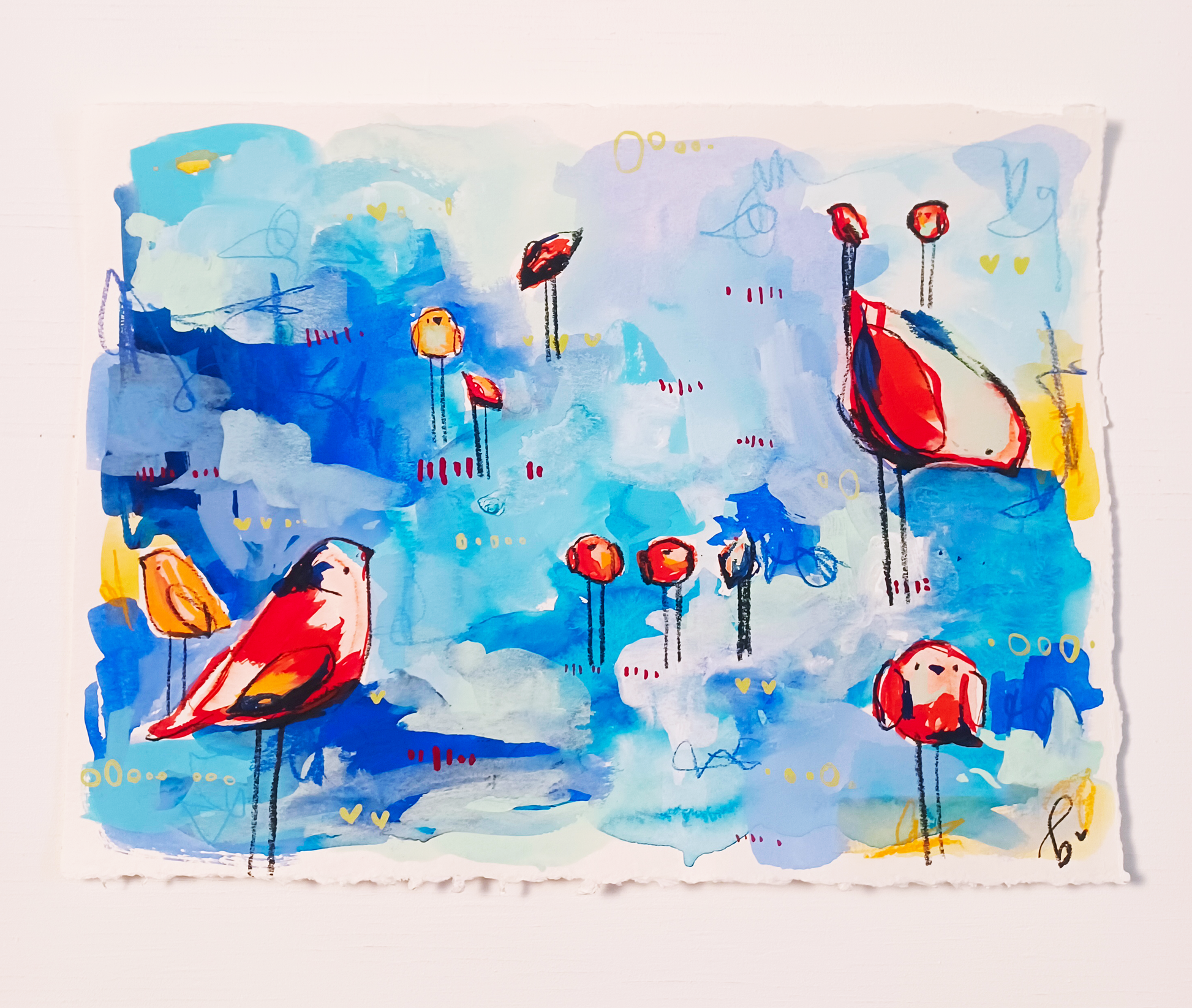 popsicle party, scarlet and blue birds, mixed media original painting on paper, 11x15, Bella Joie Fine Art, free shipping