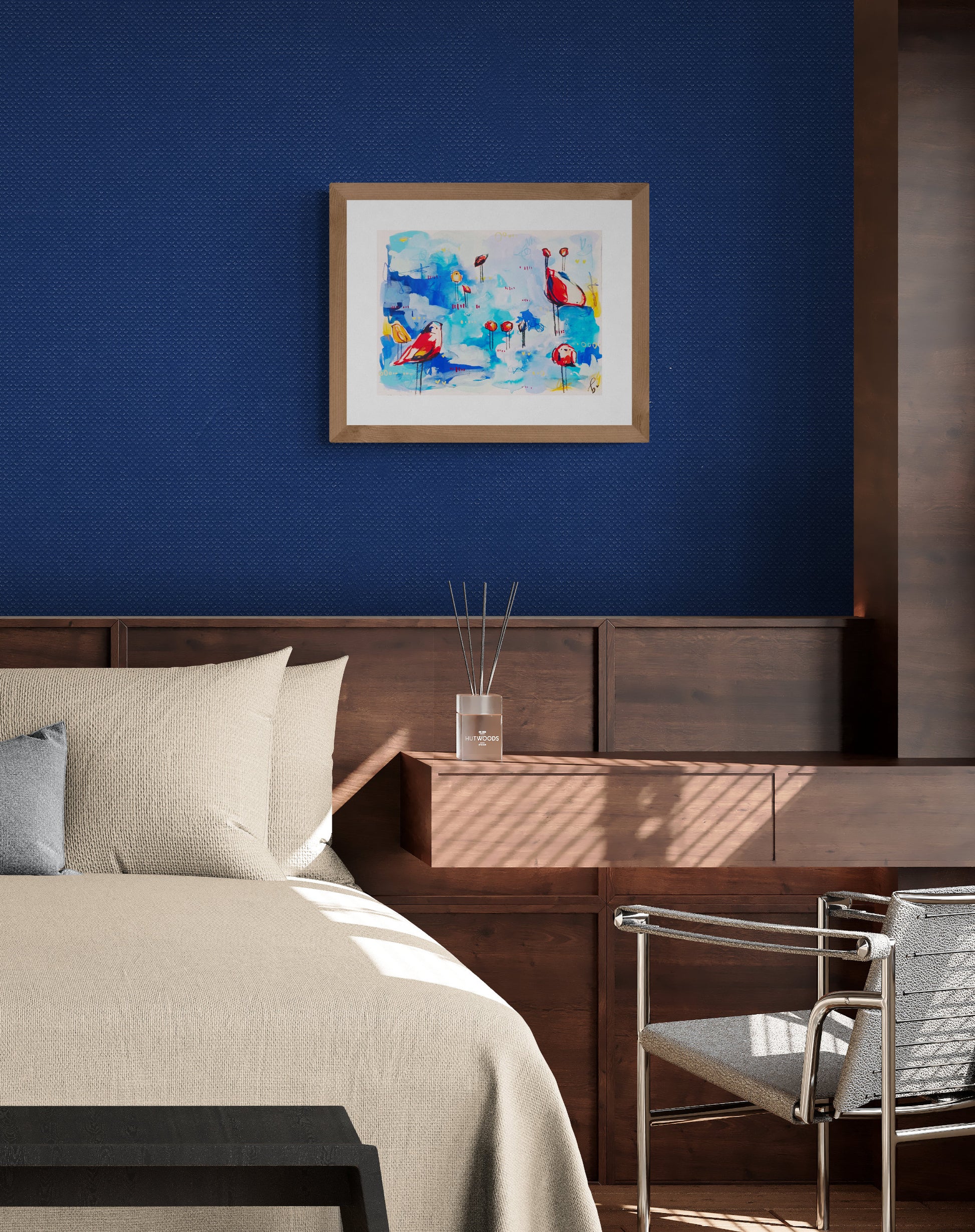 popsicle party, scarlet and blue birds, mixed media original painting on paper, 11x15, dark room mock up, Bella Joie Fine Art, free shipping