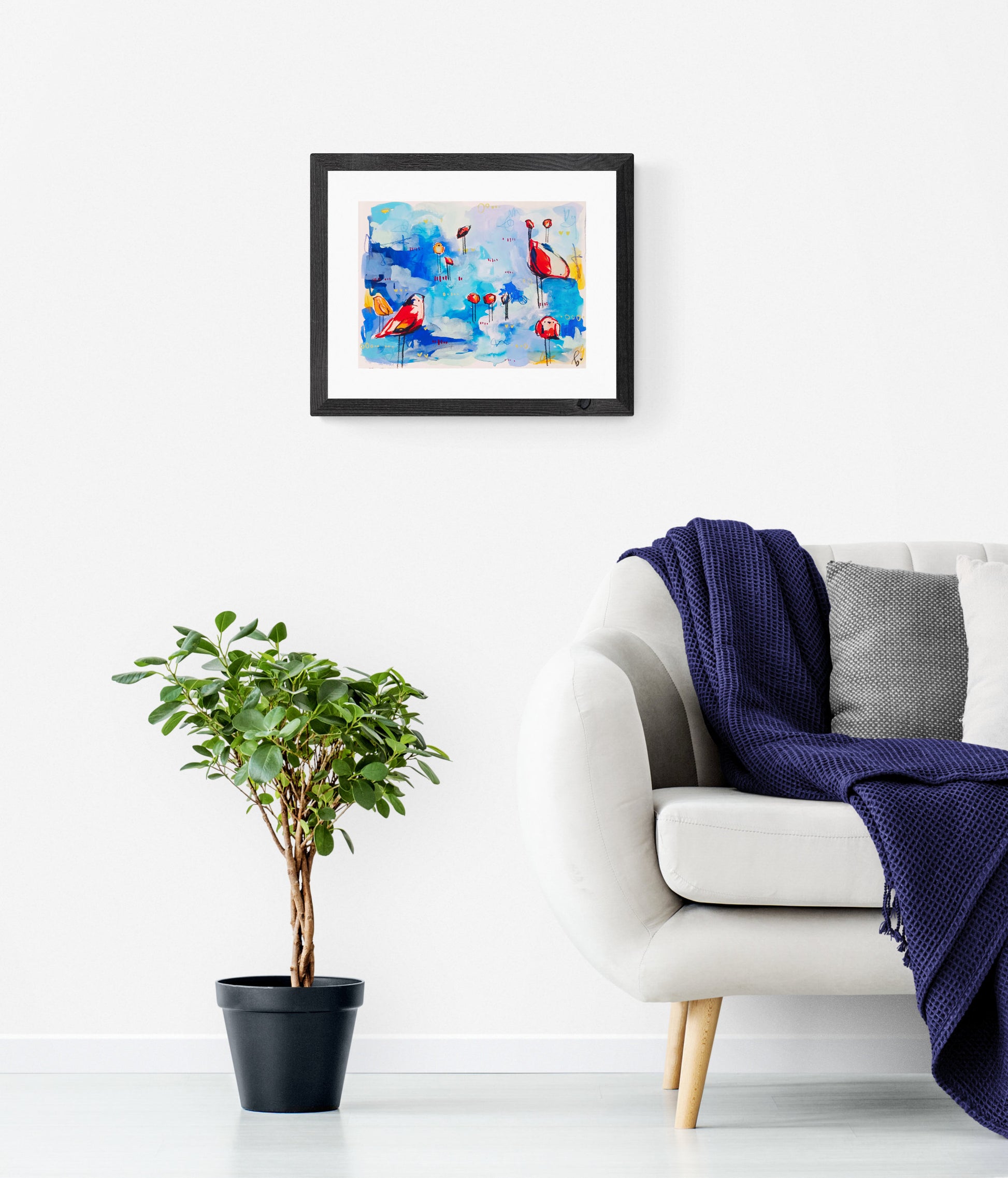 popsicle party, scarlet and blue birds, mixed media original painting on paper, 11x15, light room mock up, Bella Joie Fine Art, free shipping