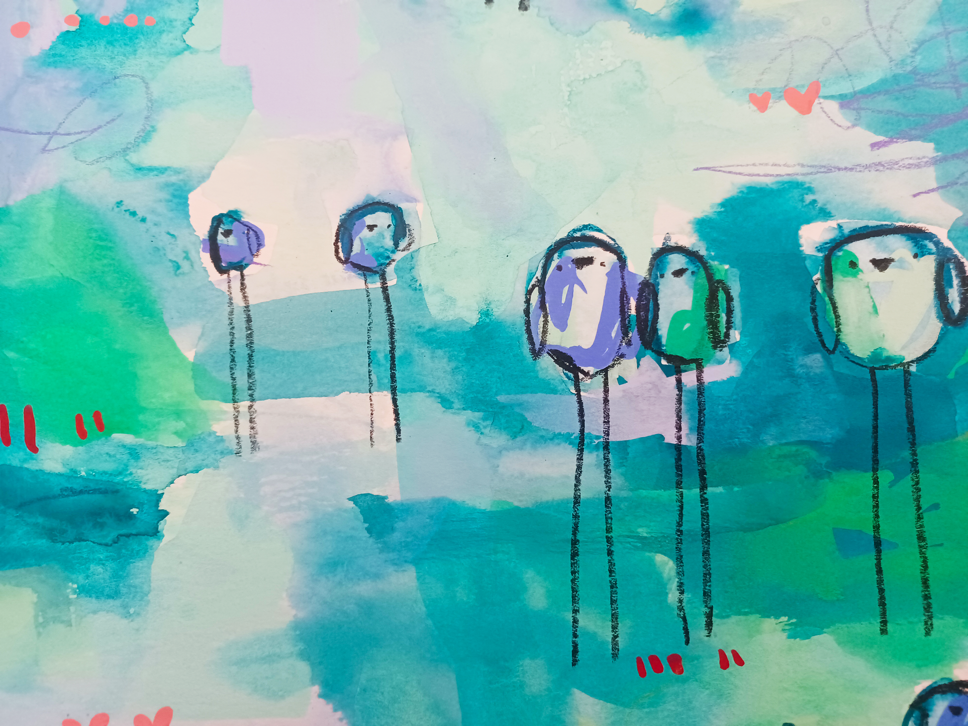 soda pop society, blue birds mixed media original painting on paper, 15x22, Bella Joie Fine Art, close up details