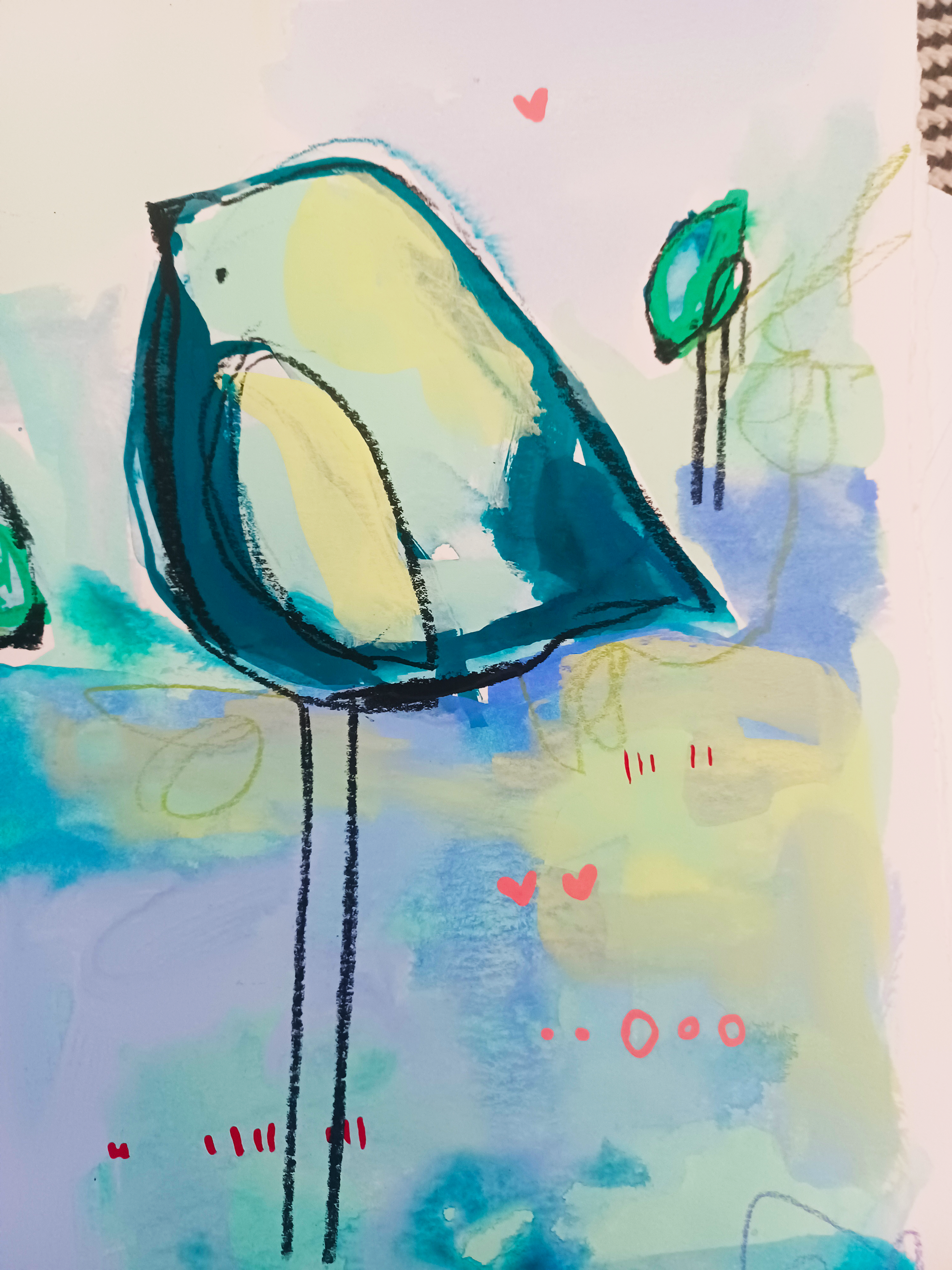 soda pop society, blue birds mixed media original painting on paper, 15x22, Bella Joie Fine Art, close up details