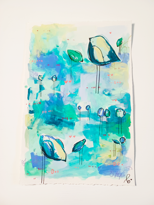 soda pop society, blue birds mixed media original painting on paper, 15x22, Bella Joie Fine Art, free shipping