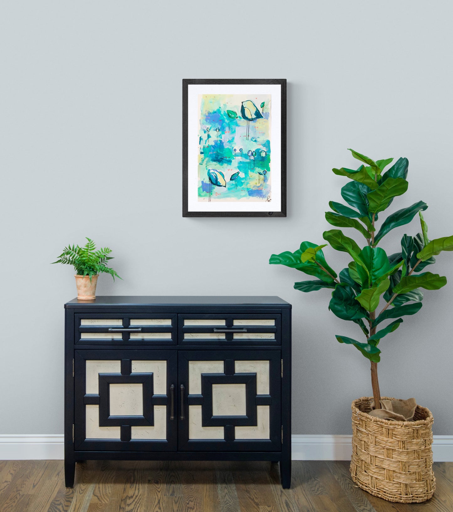 soda pop society, blue birds mixed media original painting on paper, 15x22, Bella Joie Fine Art, light room mock up