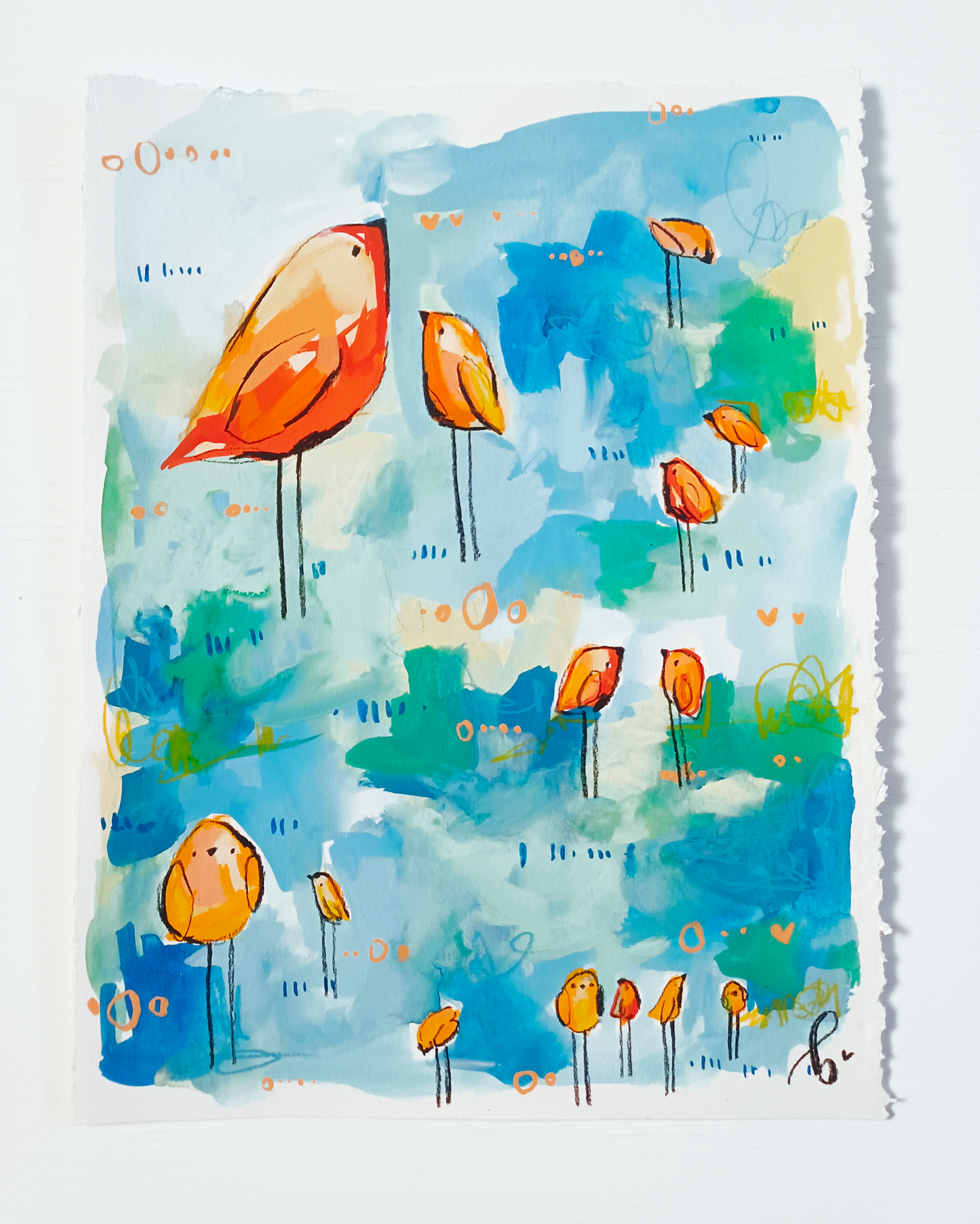 sushi squad, orange and blue birds mixed media original painting on paper, 11x15, Bella Joie Fine Art , free shipping
