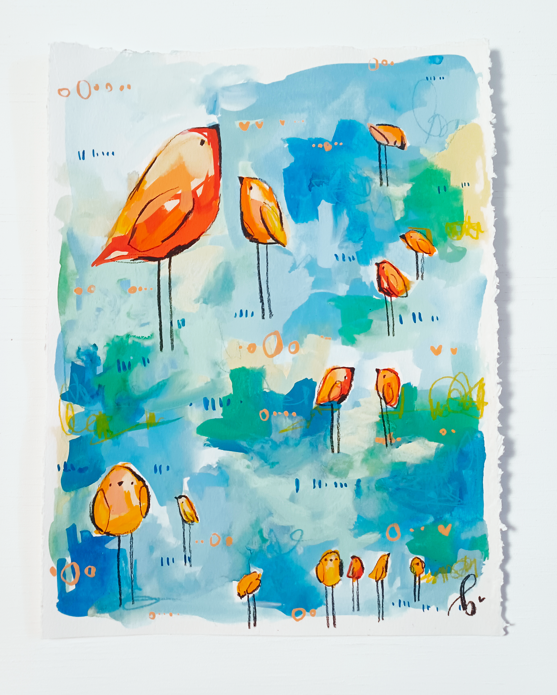 sushi squad, orange and blue birds mixed media original painting on paper, 11x15, Bella Joie Fine Art , free shipping