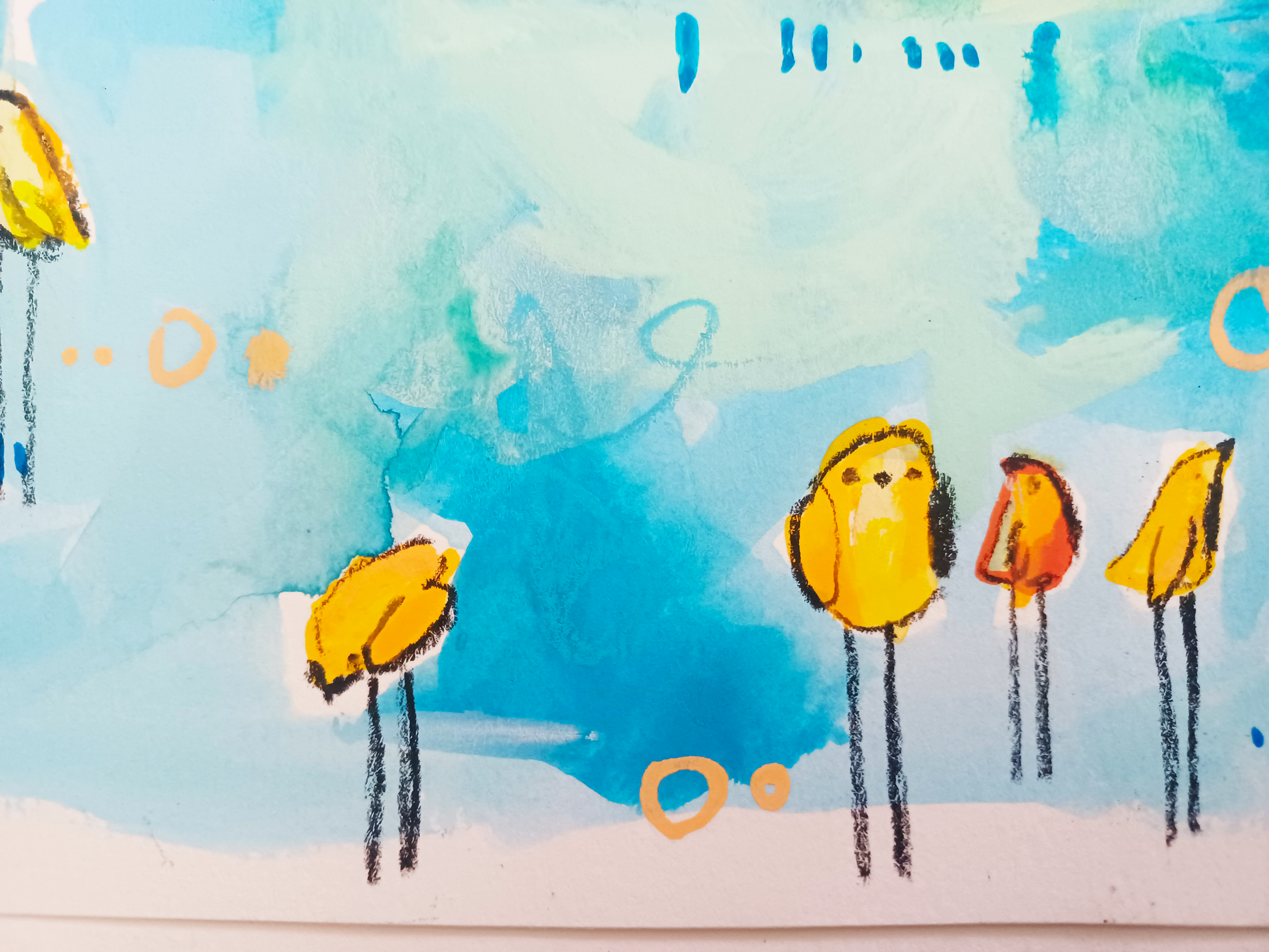 sushi squad, orange and blue birds mixed media original painting on paper, 11x15, Bella Joie Fine Art , close up details