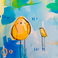 sushi squad, orange and blue birds mixed media original painting on paper, 11x15, Bella Joie Fine Art , close up details