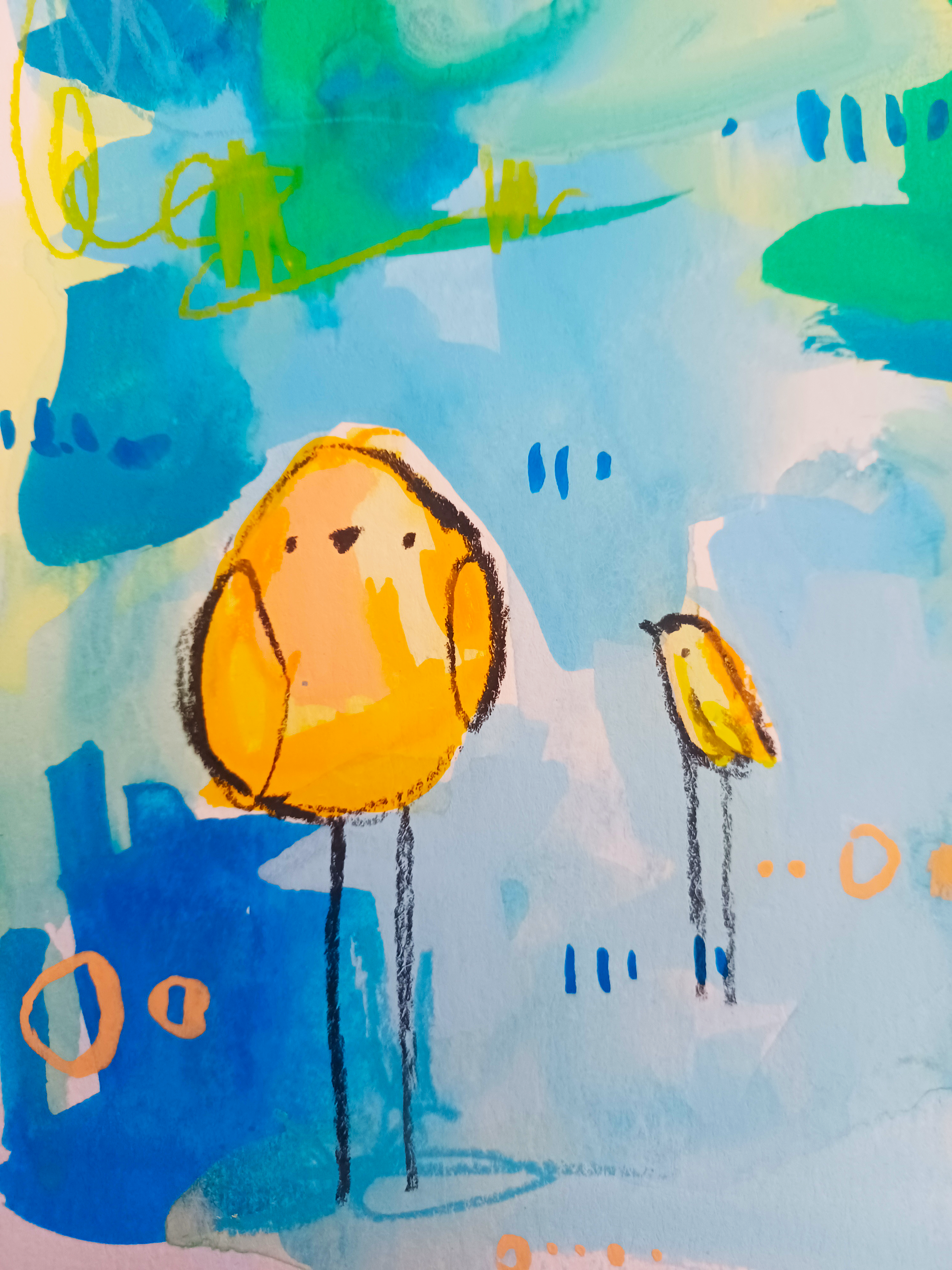 sushi squad, orange and blue birds mixed media original painting on paper, 11x15, Bella Joie Fine Art , close up details