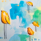 sushi squad, orange and blue birds mixed media original painting on paper, 11x15, Bella Joie Fine Art , close up details